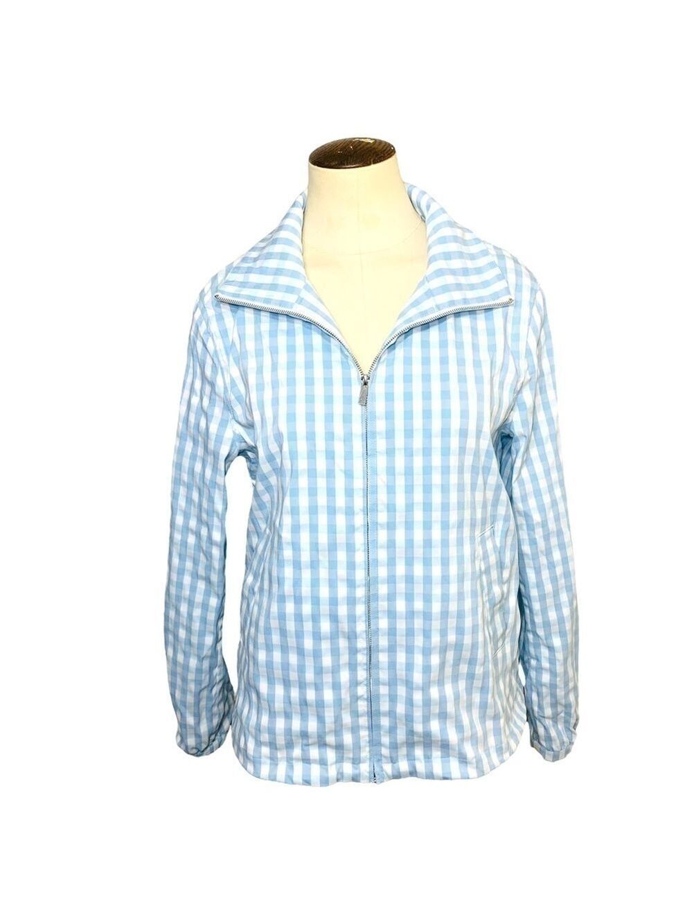 BYLYSE Spenard Blue White Gingham Jacket Full Zip Sz M Retro Windbreaker Pockets